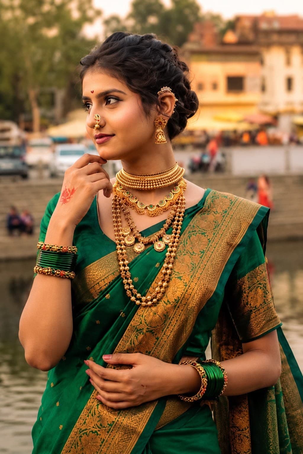 Marathi ethnic wear with gold border detailing