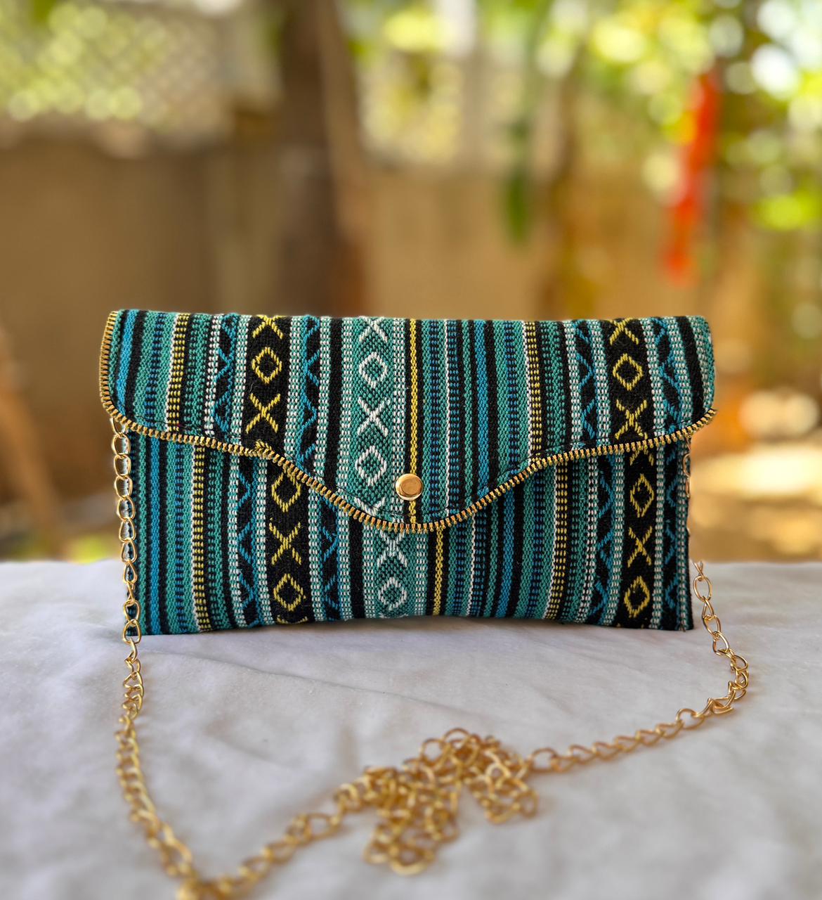 Hand Bag Small Model Peacock Green Colur & Black Print view 1