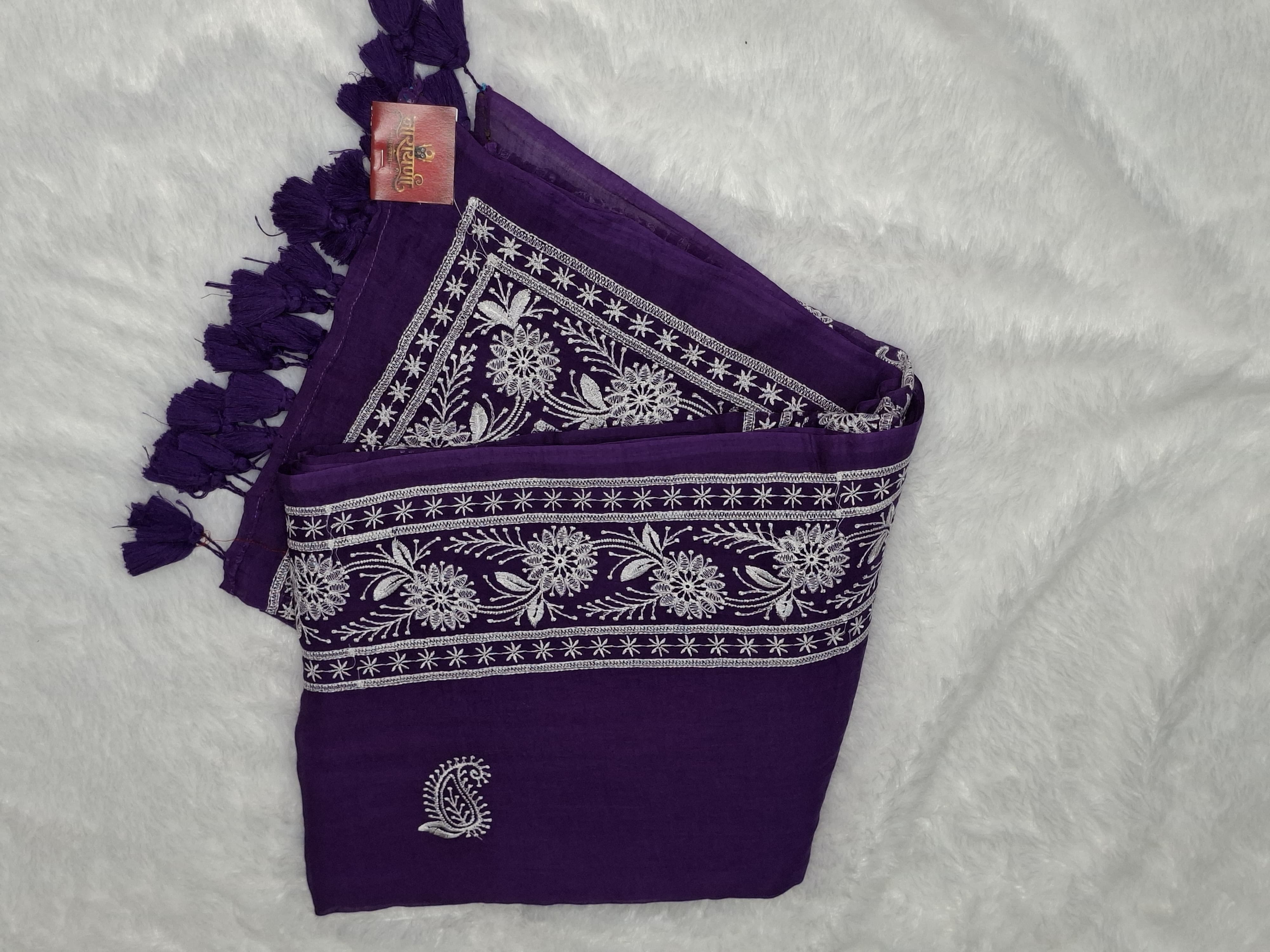 Mul Cotton Chikankari Saree in Violet