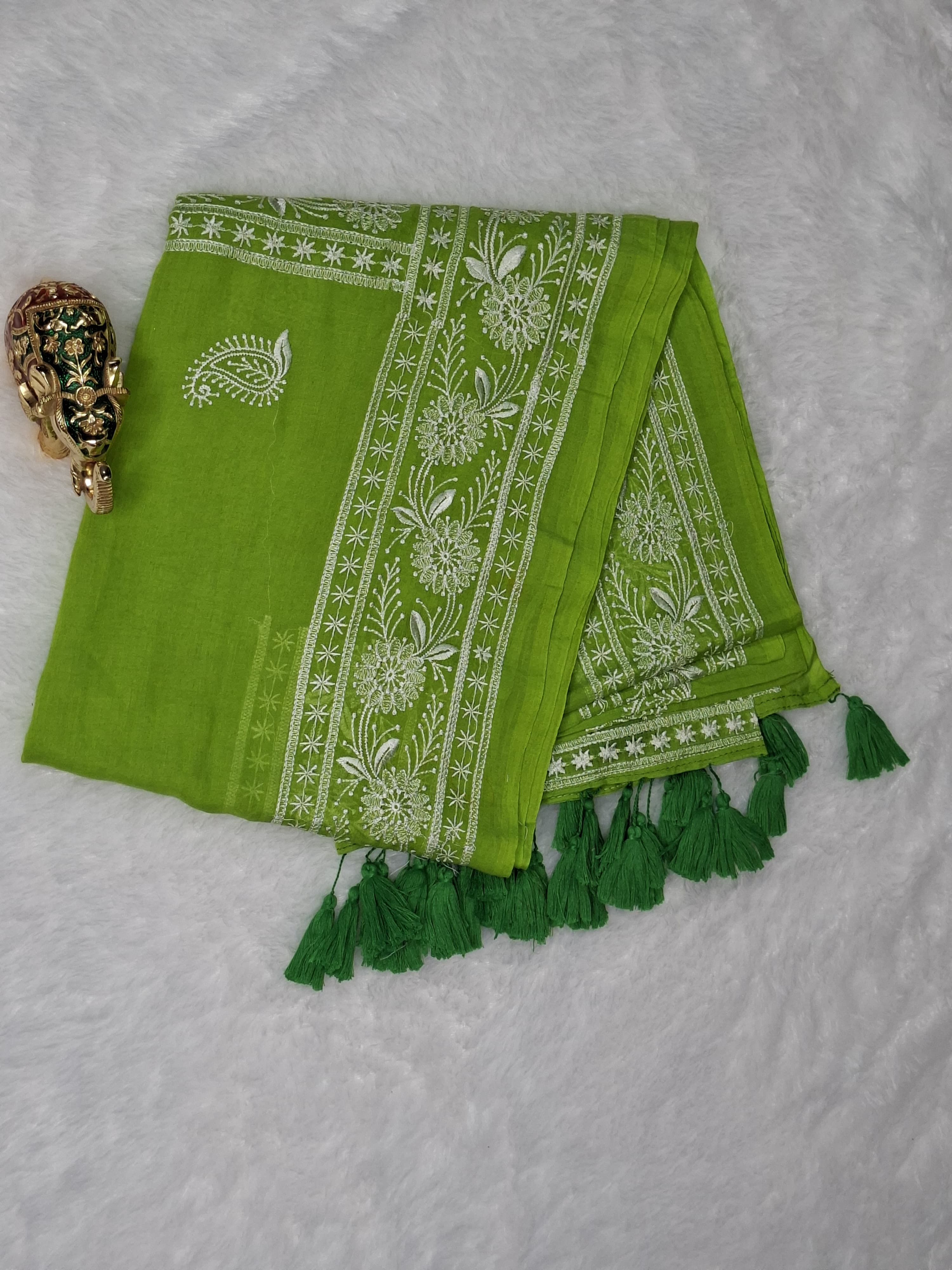 Mul Cotton Chikankari Saree in Parrot Green