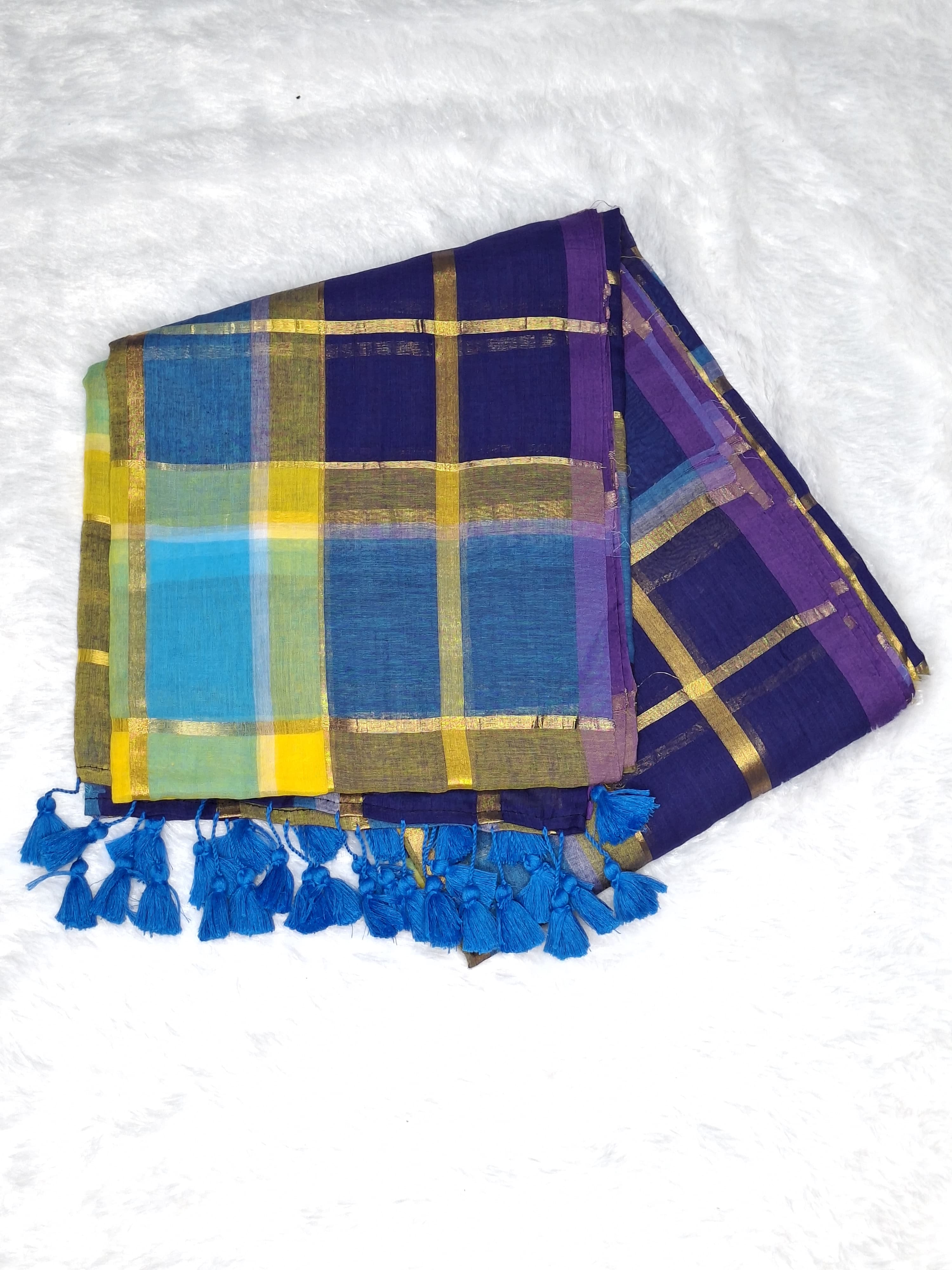 Golden Check Saree in Blue