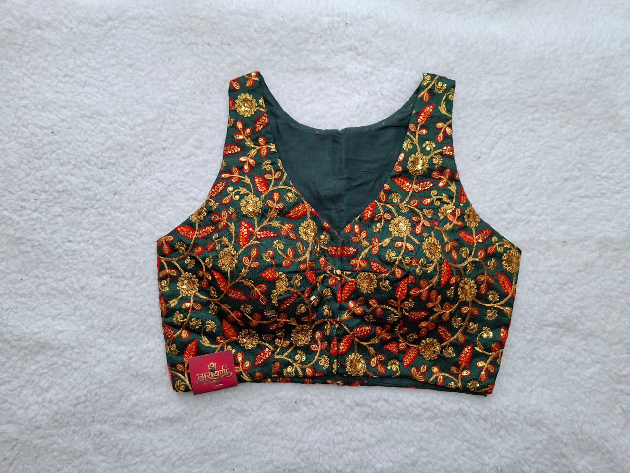 Heavy Sequin & Thread Work Blouse in Dark Green