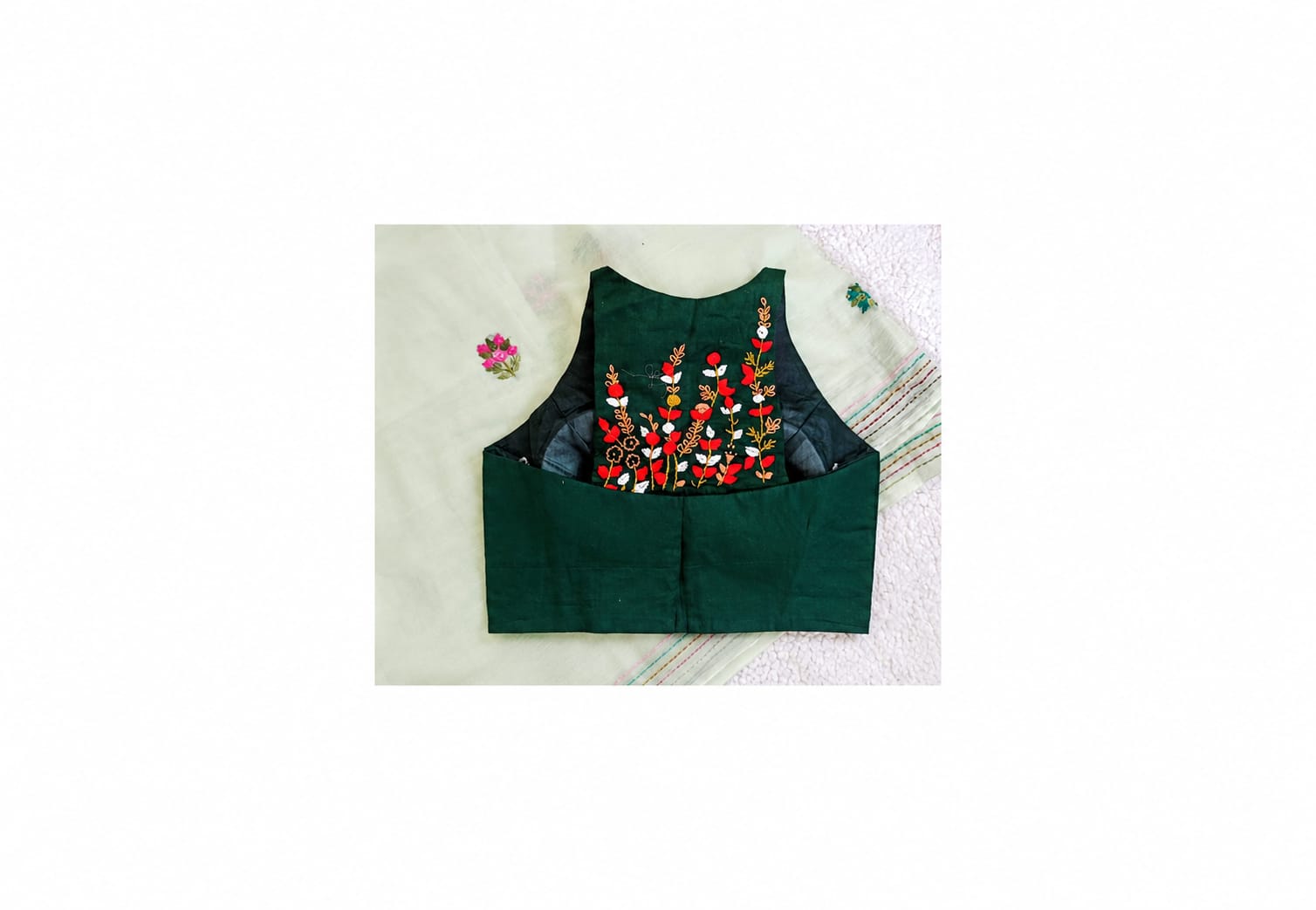 Halter Neck Embroidered Padded Blouse in Bottle Green